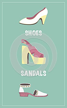Set with three shoes in vector illustration. Isolated on green background.